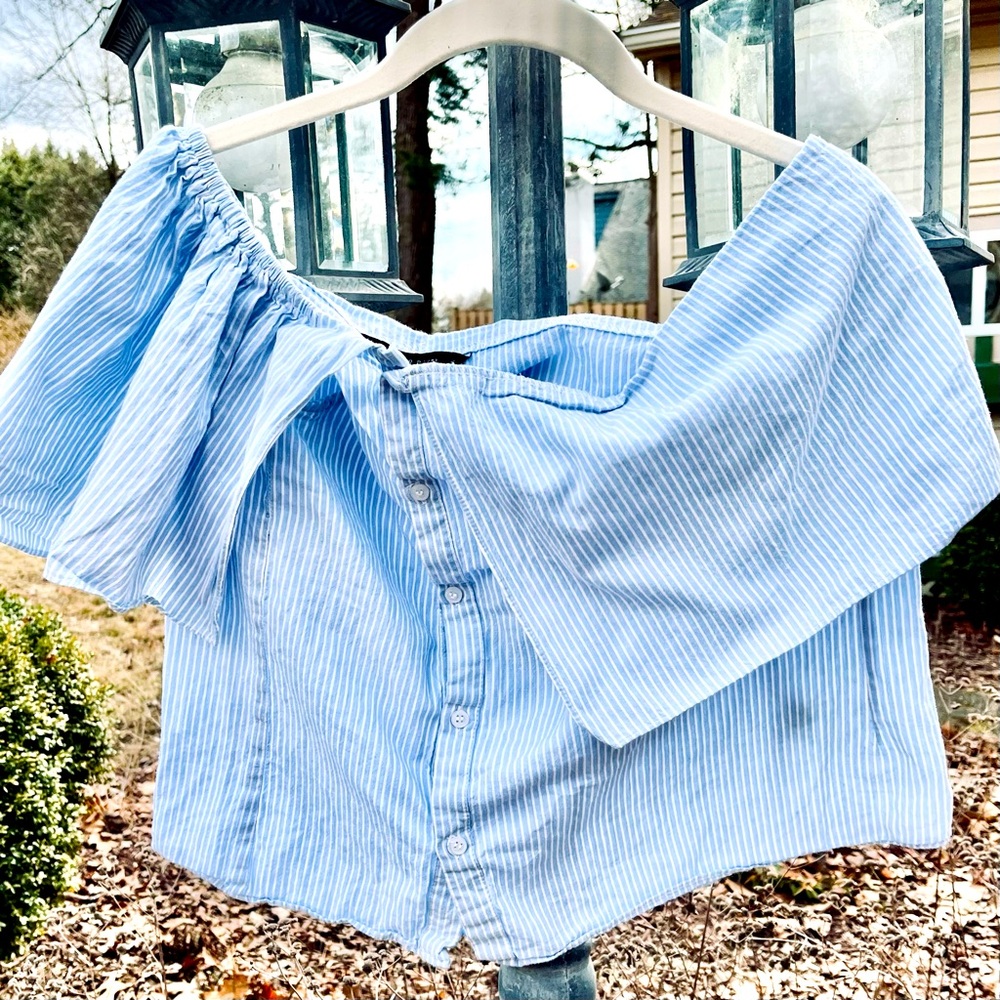 Walter Baker off the shoulder cotton top, blue and white stripes